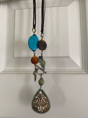Coldwater Creek Turquoise, Brown & Green Beaded Pendant Necklace